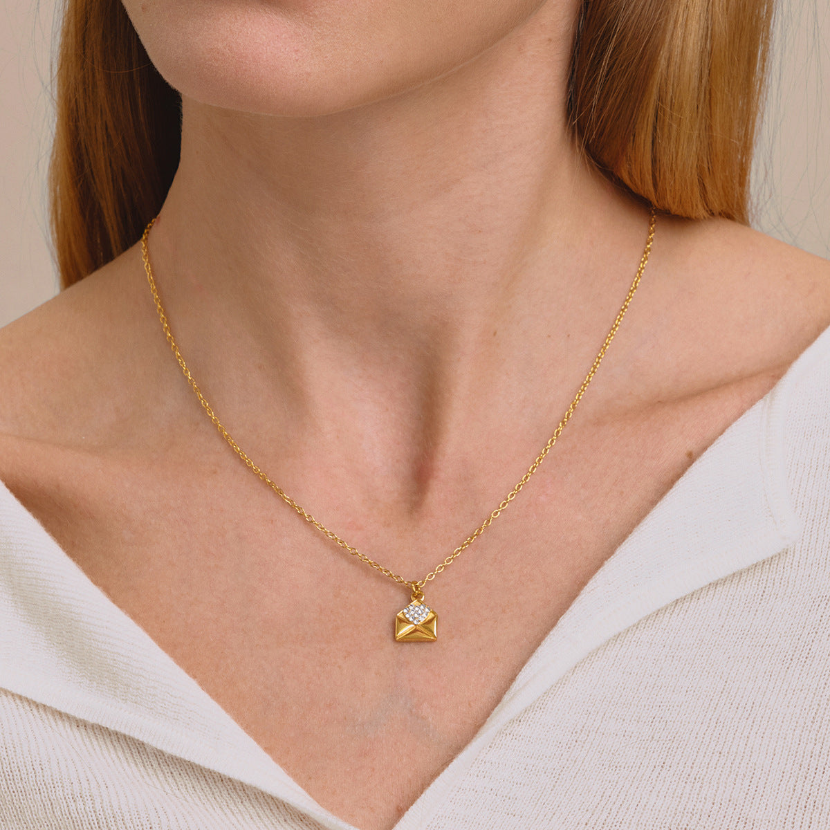 Dainty Gold - Plated Envelope Necklace with Crystal Accent - Delicate Chain Jewelry
