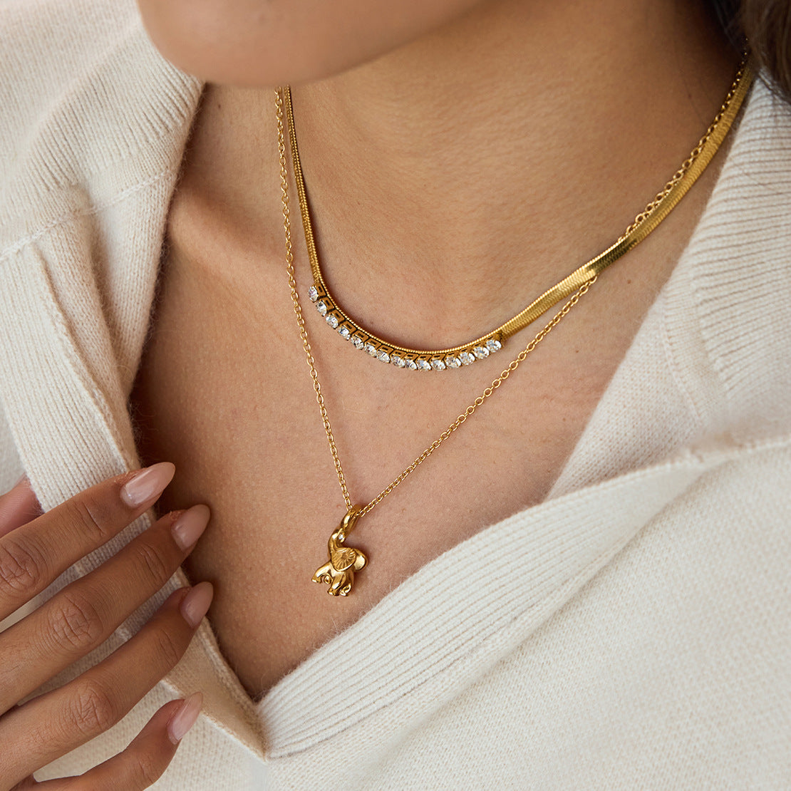 Layered Necklaces with Diamond - Accented Chain and Elephant Pendant