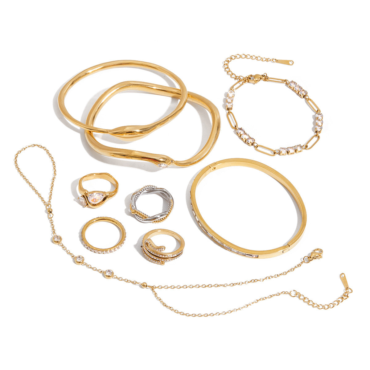 Luxury Ring Set – Twisted Snake, Teardrop Diamond, Pearl, Chain Detail for Women