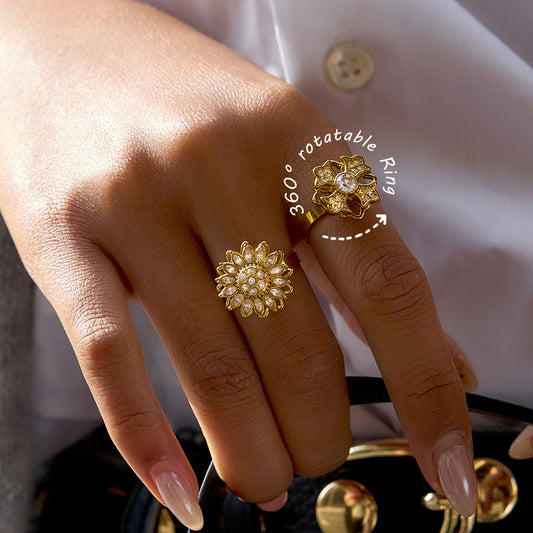 360° Rotatable Flower Ring – Gold Tone Cubic Zirconia Ring for Women