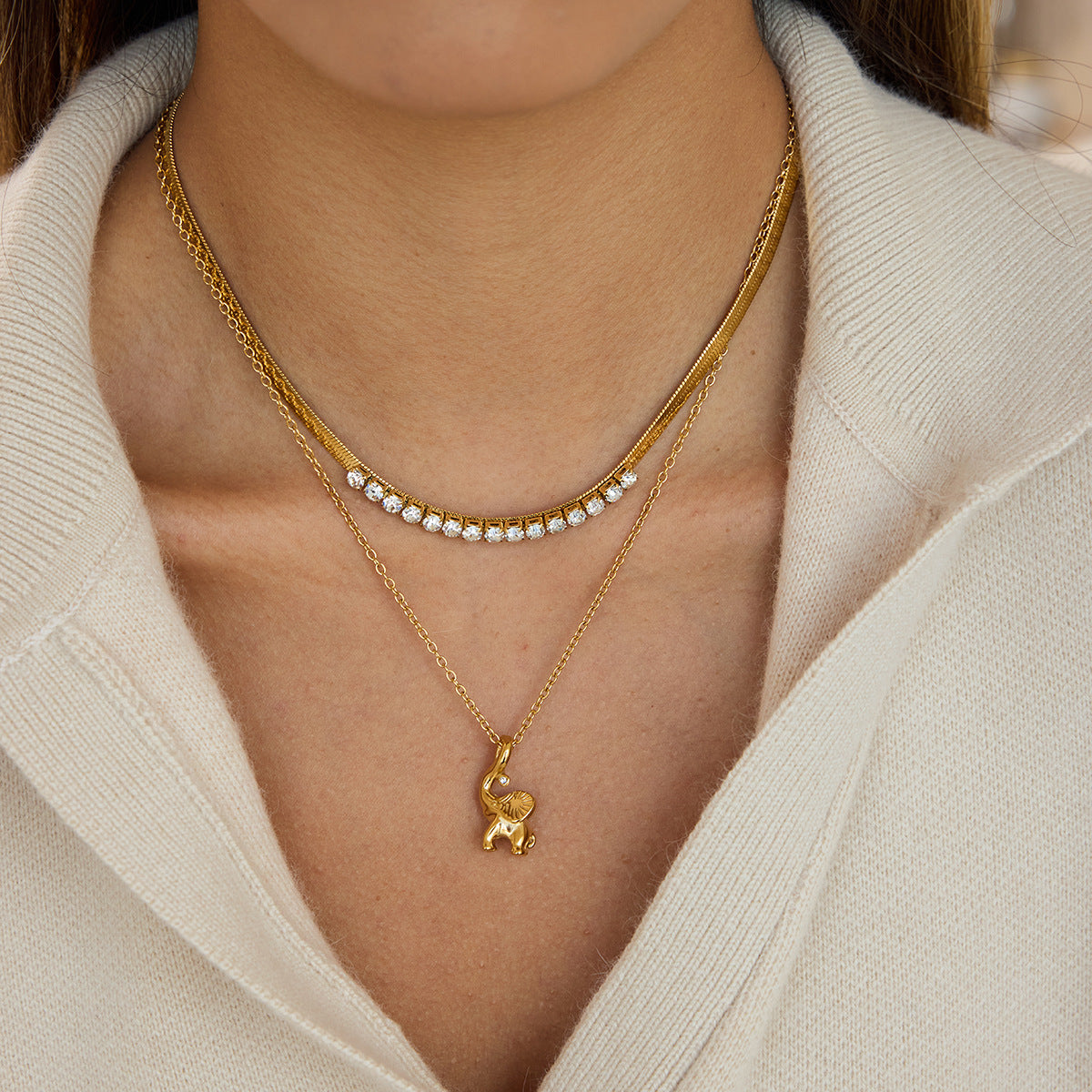 Layered Necklaces with Diamond - Accented Chain and Elephant Pendant