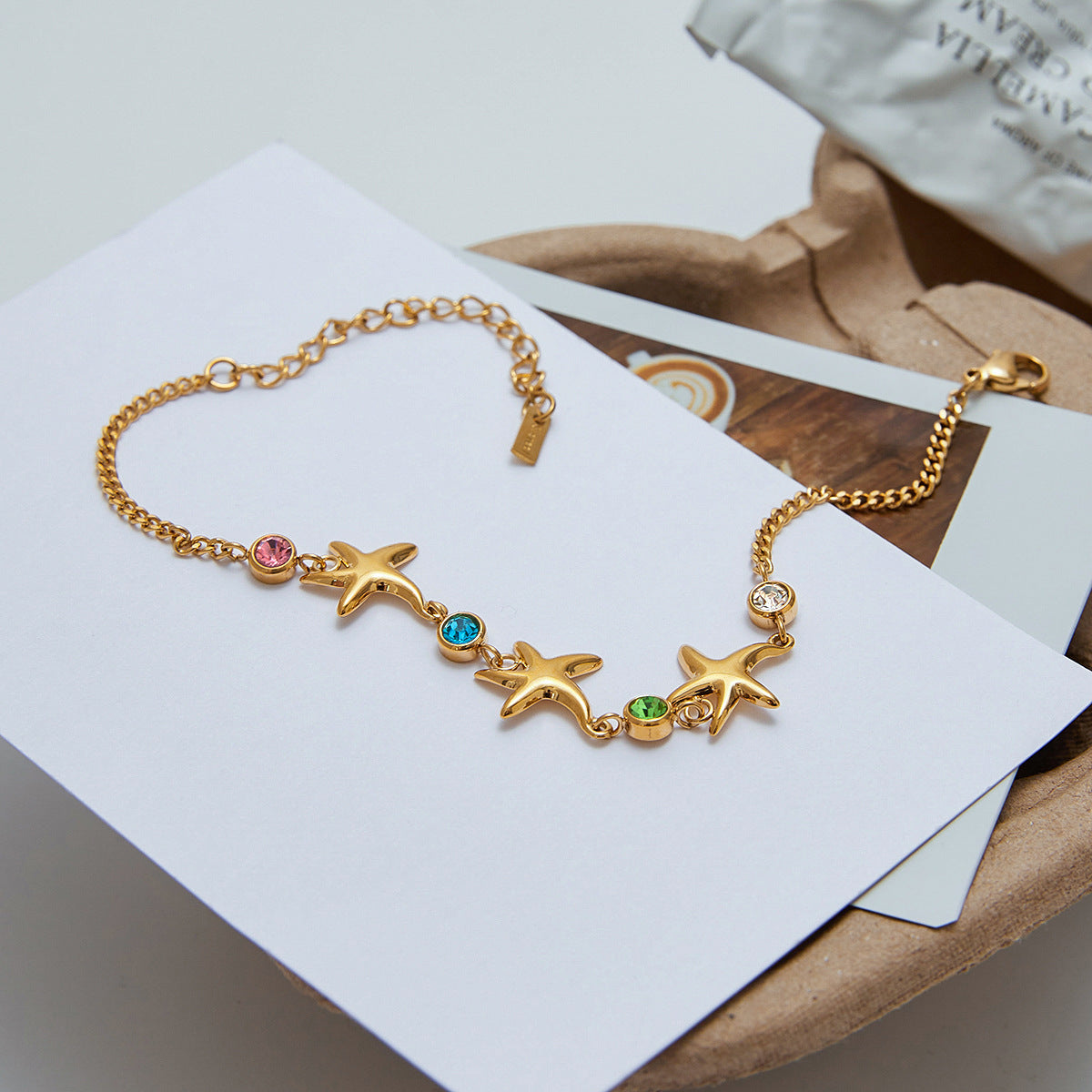 Layered Bracelet Set with Starfish, Seashell & Green Gemstones – Beach Resort Style