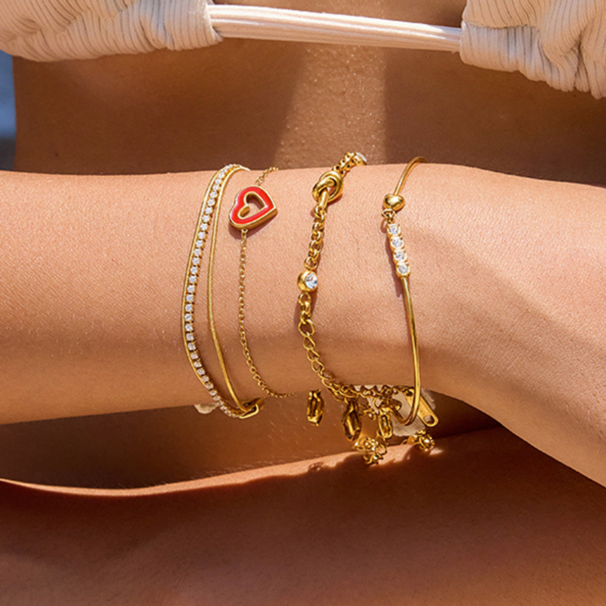 Gold Layered Chain Bracelet Set with Red Enamel Heart