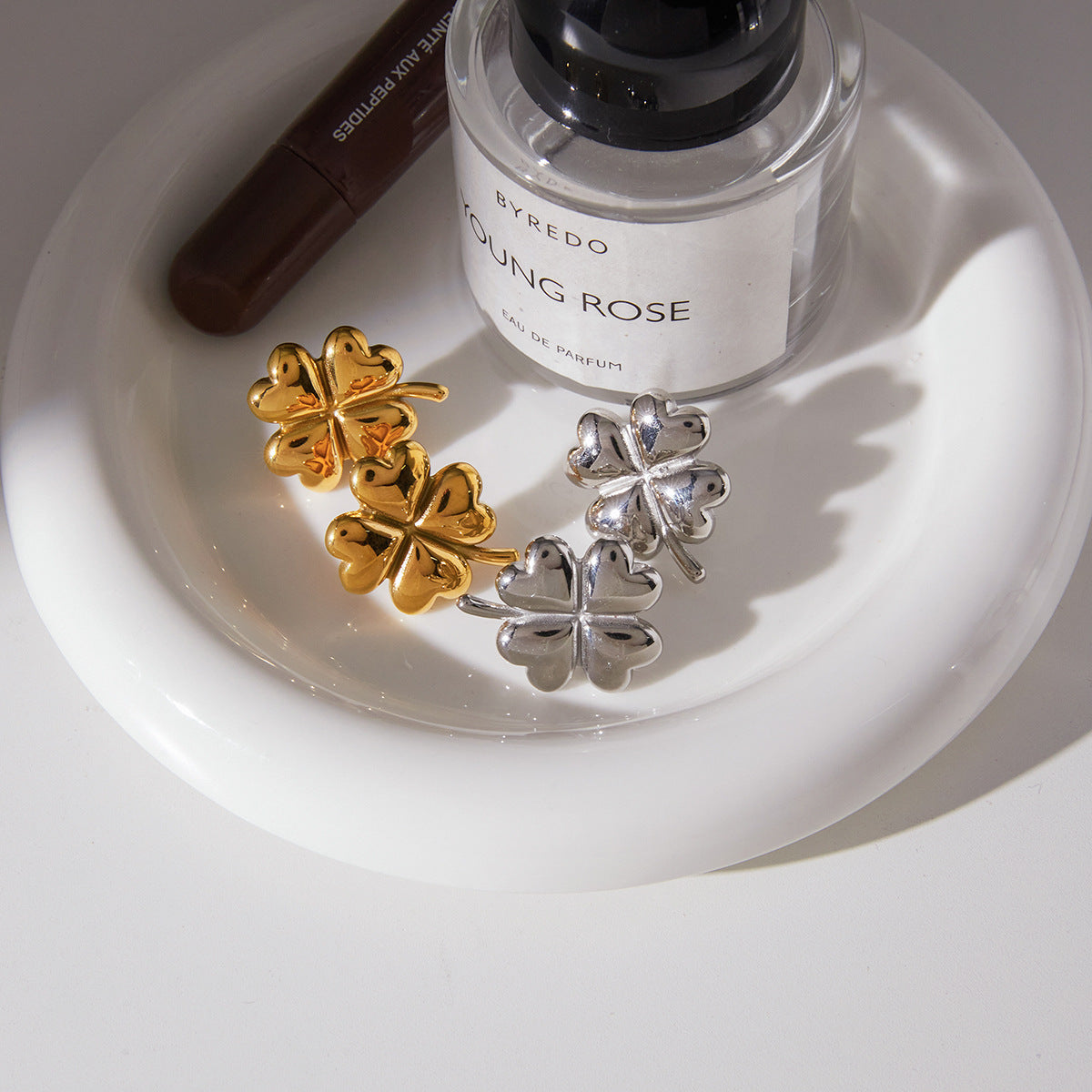 Stainless Steel Four-Leaf Clover Heart Earrings