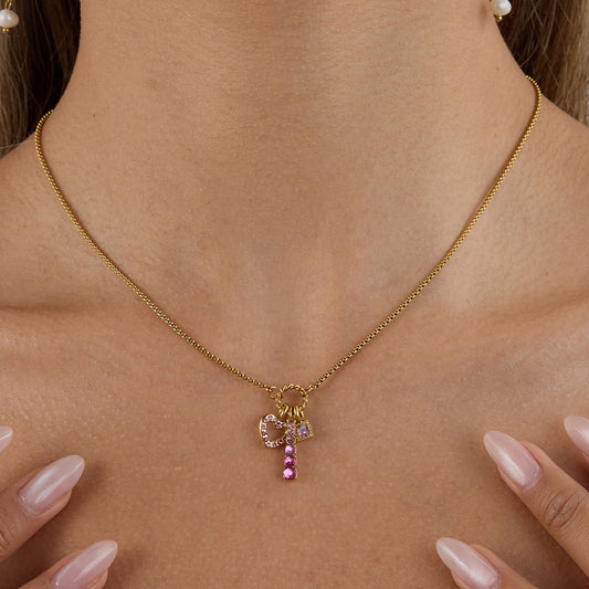 Gold - plated Necklace with Pink Gemstone Charms