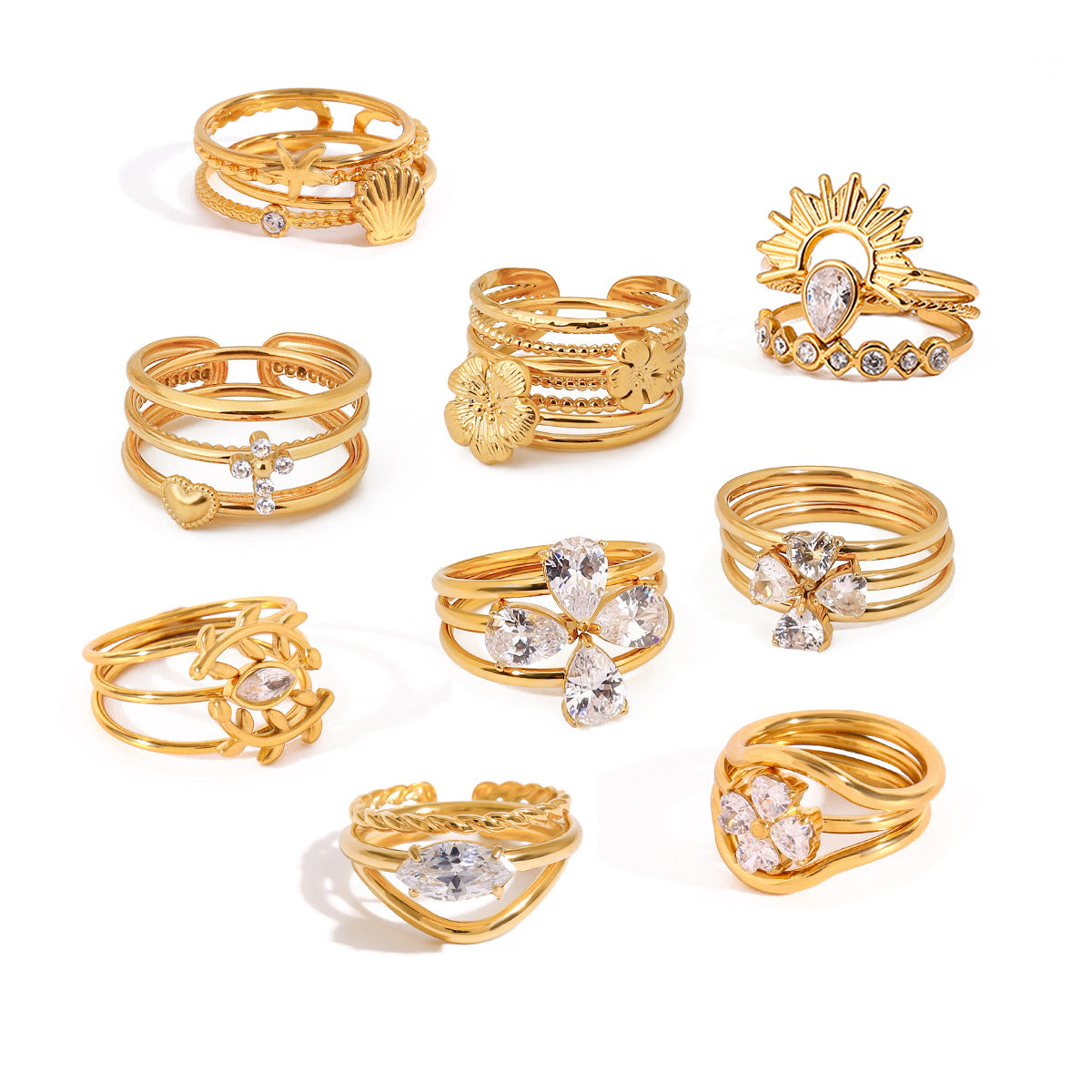 Boho Stackable Rings – Sunburst, Heart & Geometric Designs, Adjustable Open Band Fashion Jewelry for Women