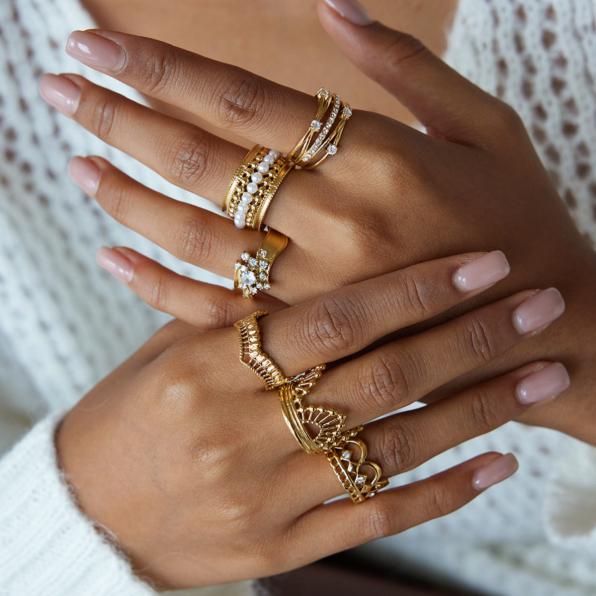 Vintage Stackable Rings – Baroque Crown, Pearl & Lace Design, Statement Finger Rings for Women