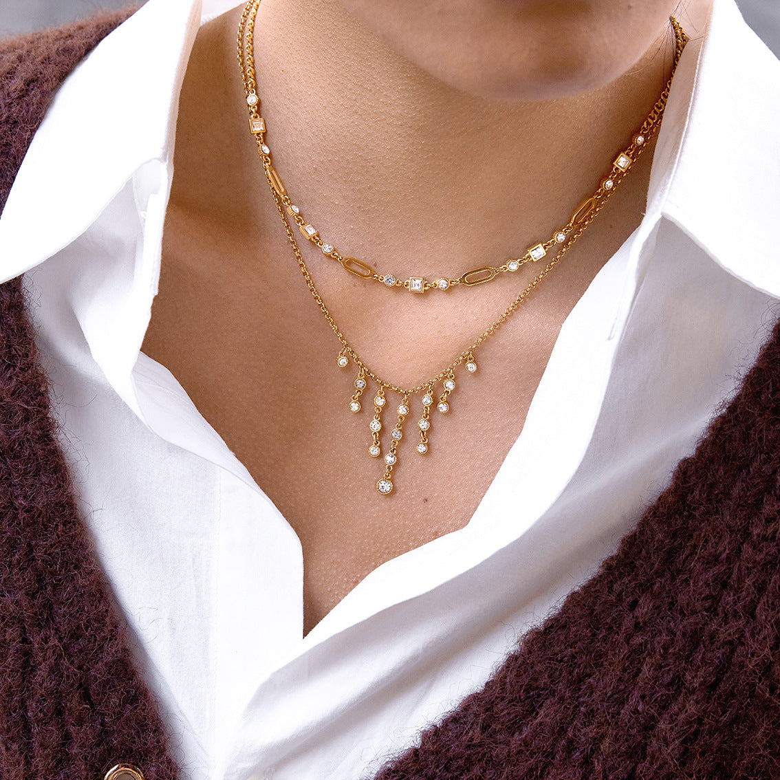 Layered Choker Necklace with Cubic Zirconia - Dangling Chain Jewelry for Women