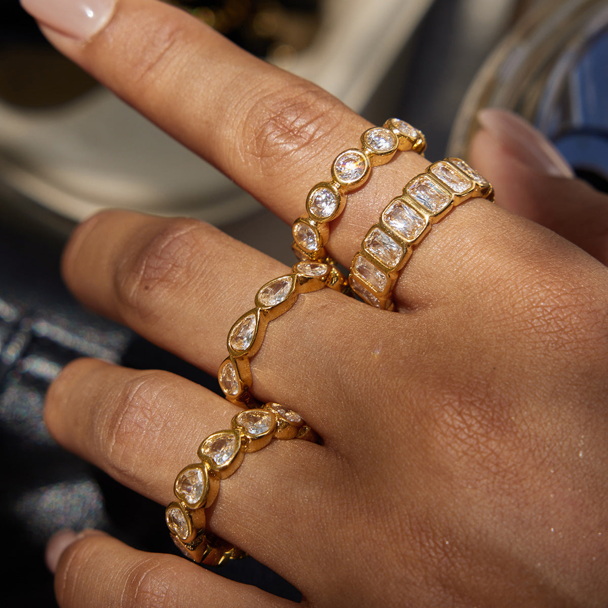 18K Gold Plated Eternity Ring – Rectangular Cut Cubic Zirconia Wedding Band for Women