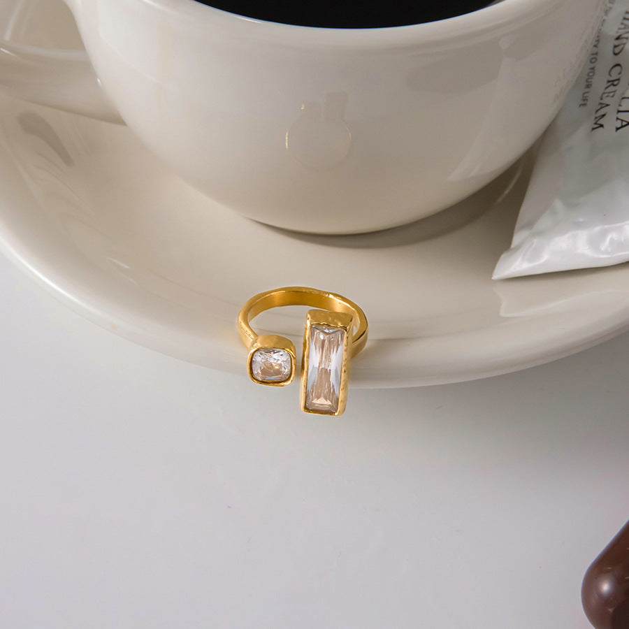 Vintage Two-Stone Ring – Rectangle Cut Crystal & Oval Milky Gemstone, Adjustable Open Band Boho Statement Ring for Women