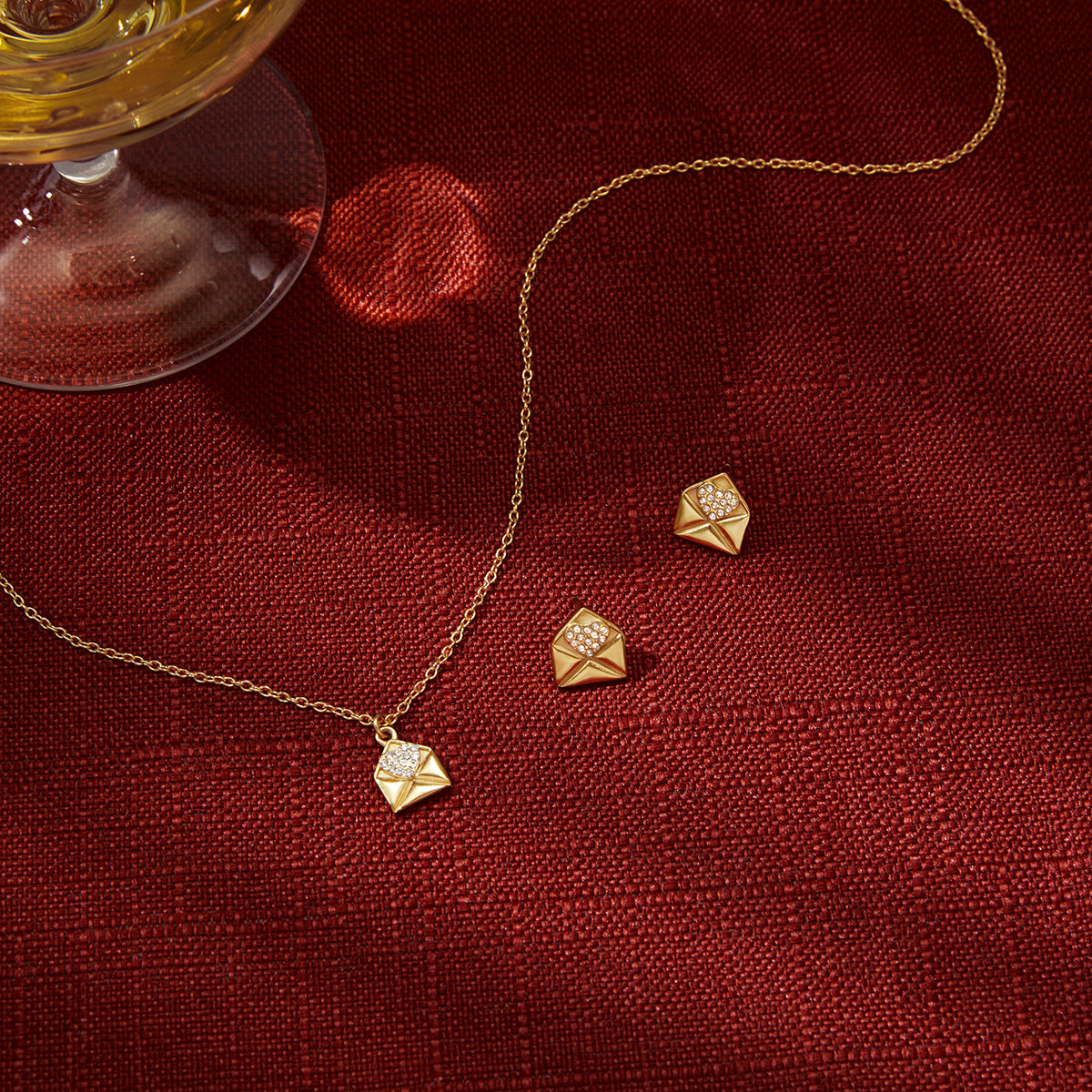 Dainty Gold - Plated Envelope Necklace with Crystal Accent - Delicate Chain Jewelry