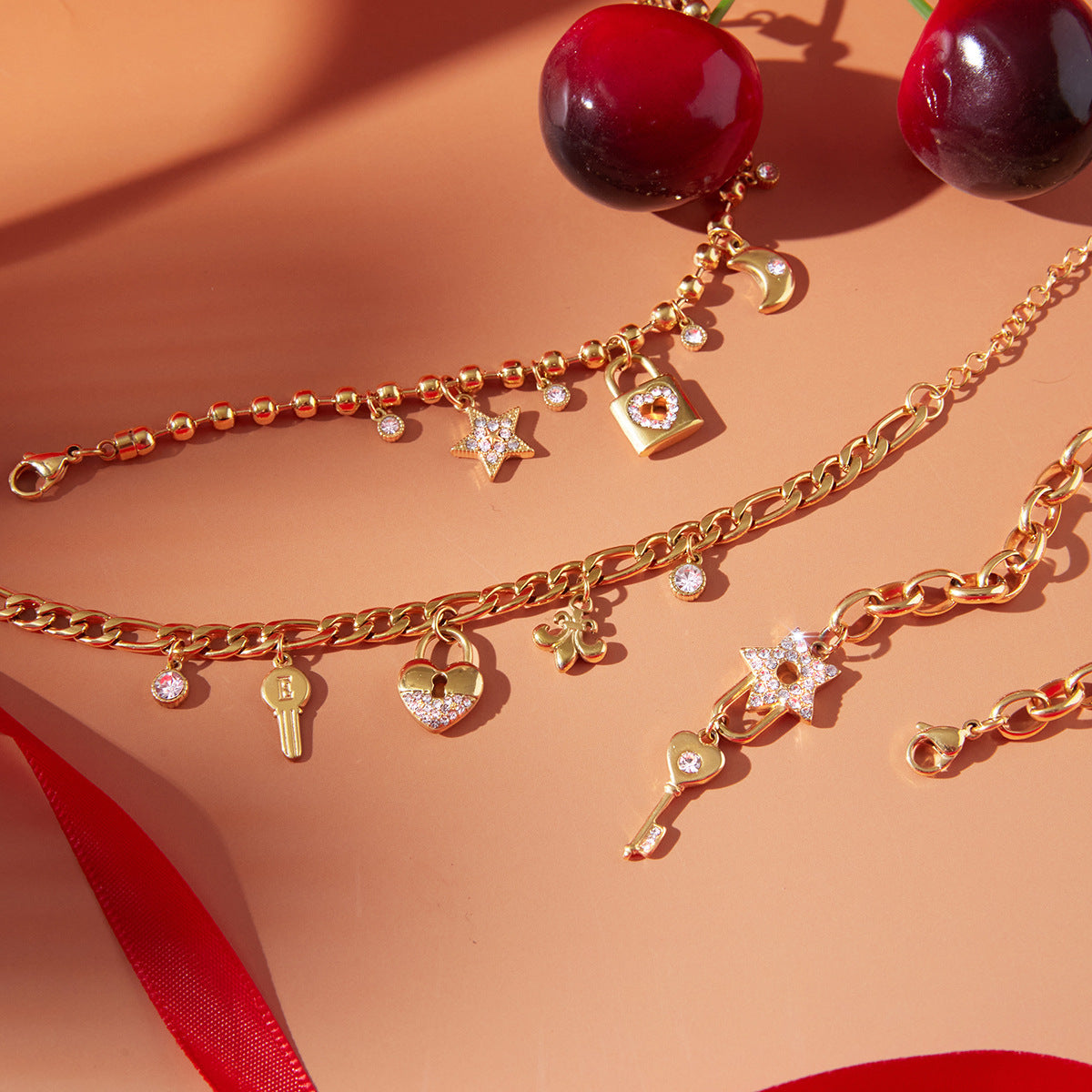 Layered Charm Bracelet– Hearts, Keys & Stars – Romantic Gift for Women