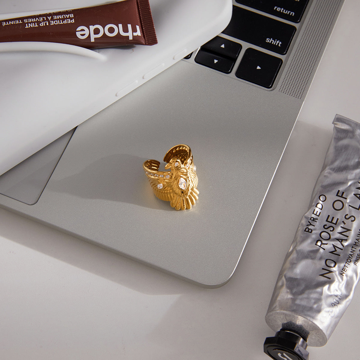 Eagle Wing Ring – Wide Band Statement Ring with Oval Gemstone for Women