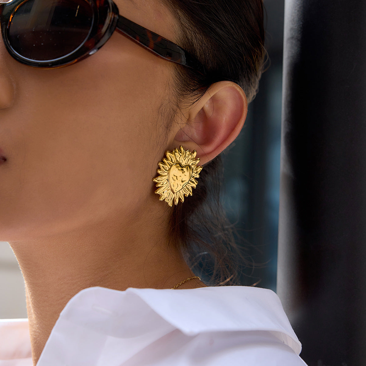 Golden Sun - heart Shaped Stud Earrings