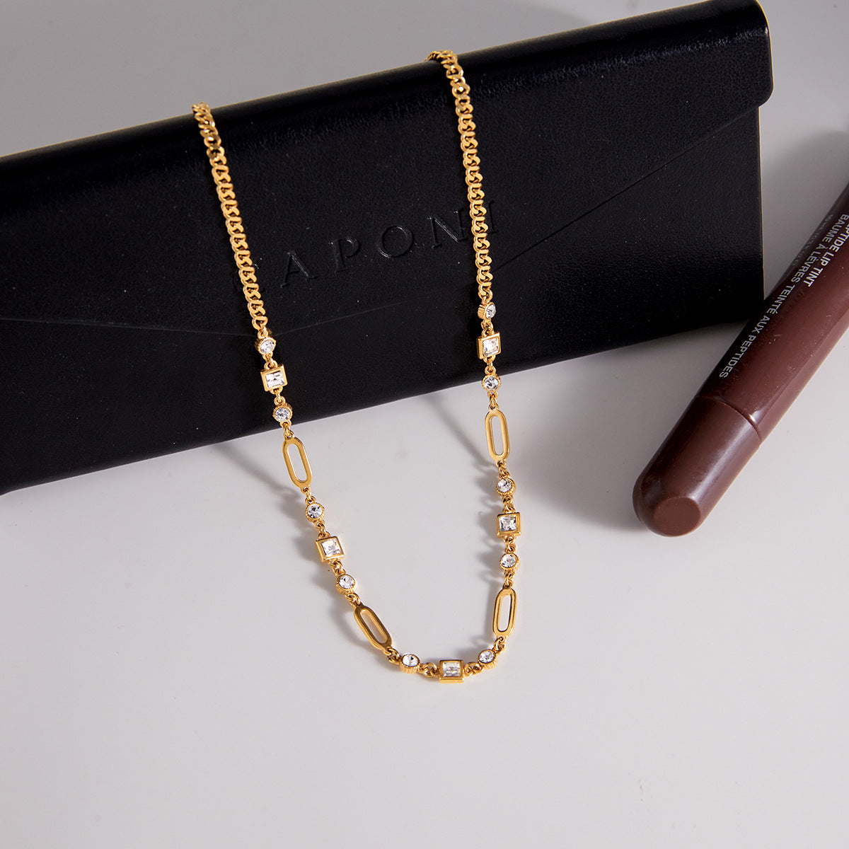 Layered Choker Necklace with Cubic Zirconia - Dangling Chain Jewelry for Women