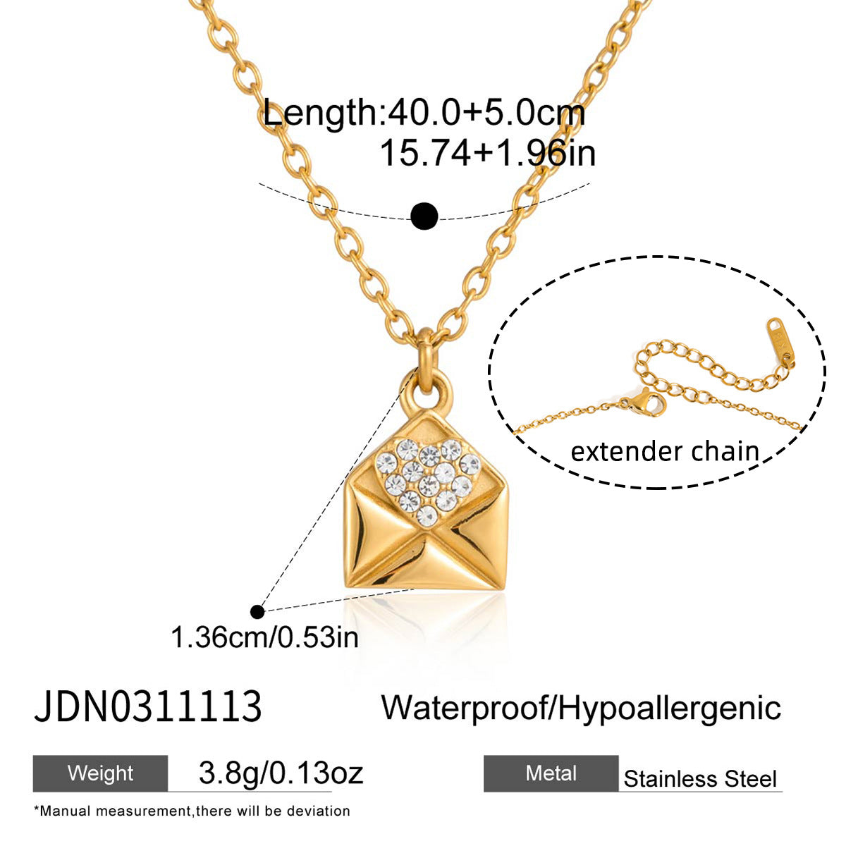 Dainty Gold - Plated Envelope Necklace with Crystal Accent - Delicate Chain Jewelry