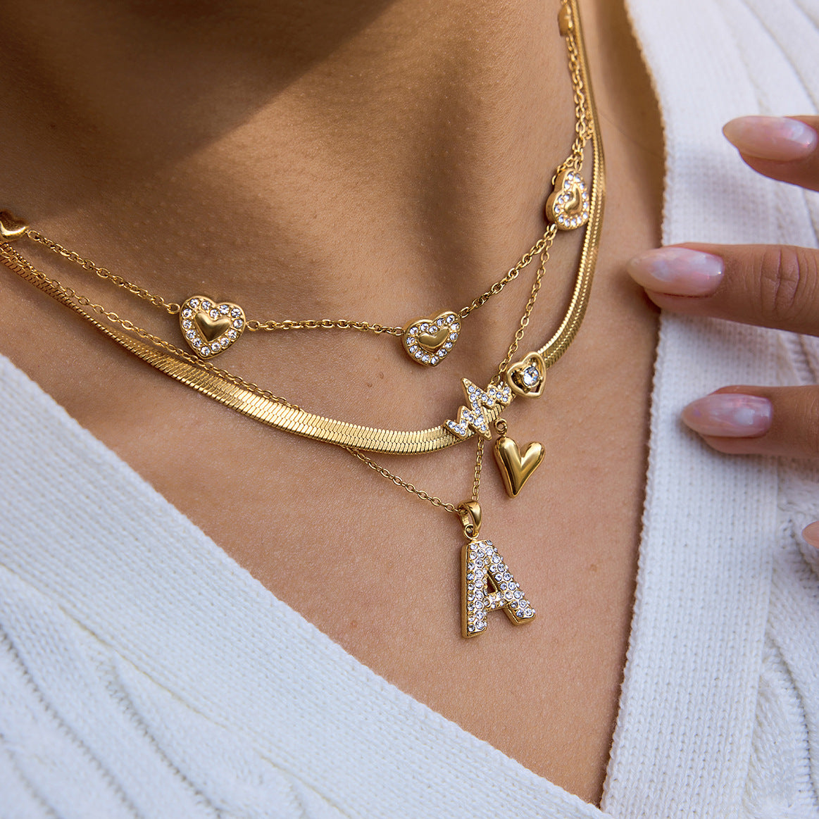 Multi - Layered Initial Heart Pendant Necklace Set