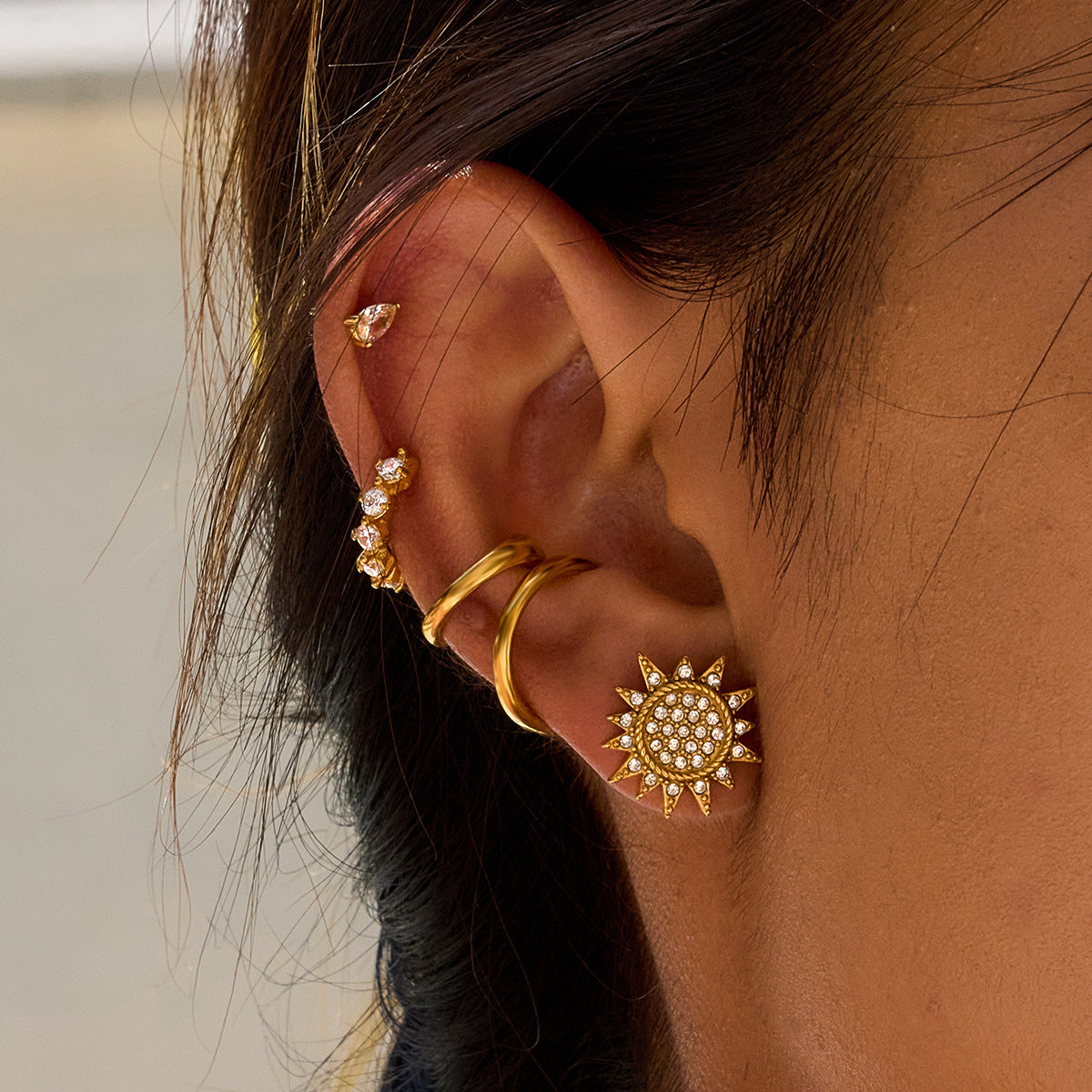 Stainless Steel Sun Stud Earrings with Rhinestones