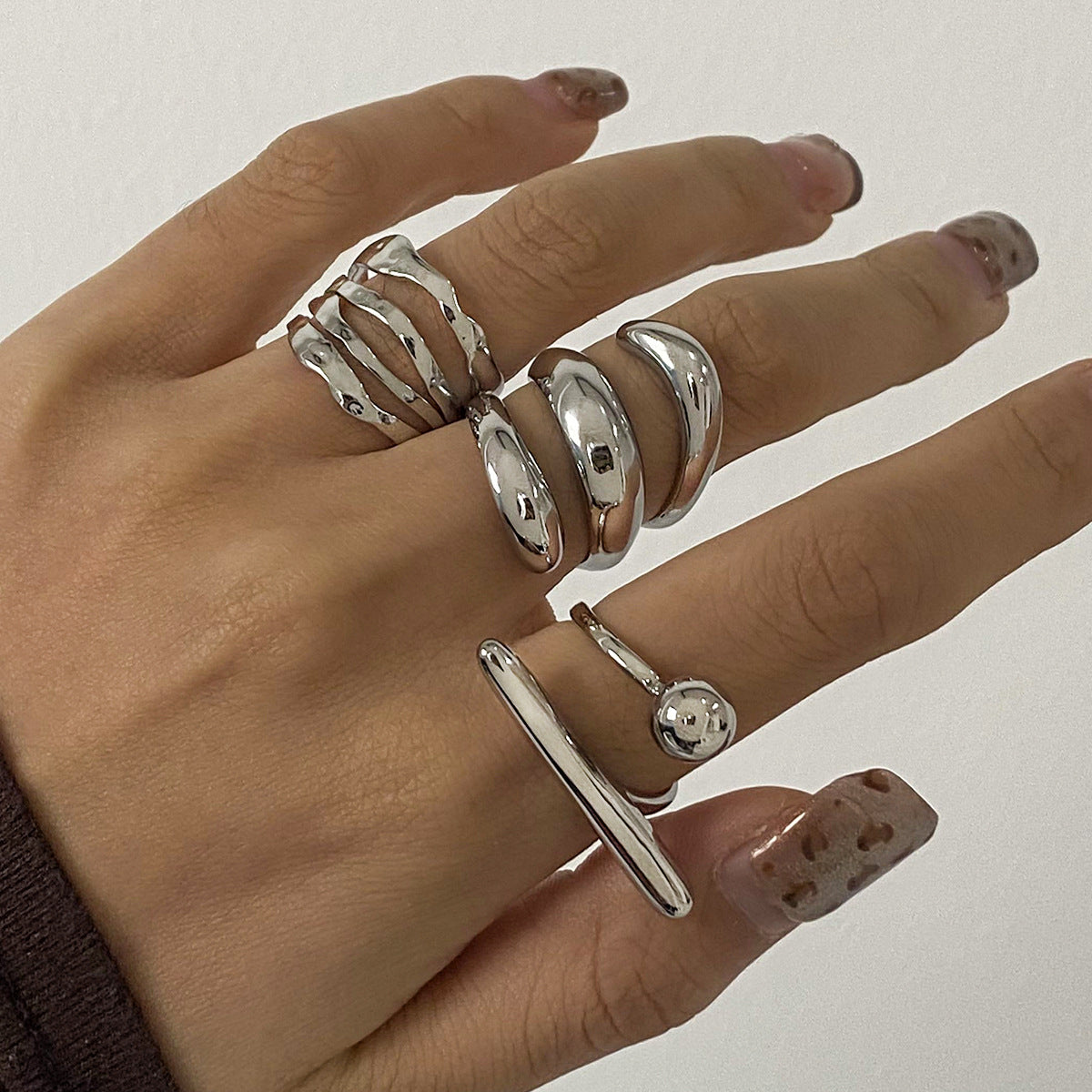 Silver Statement Rings Set – Sculptural Leaf, Stackable Bands & Joint Ring for Women