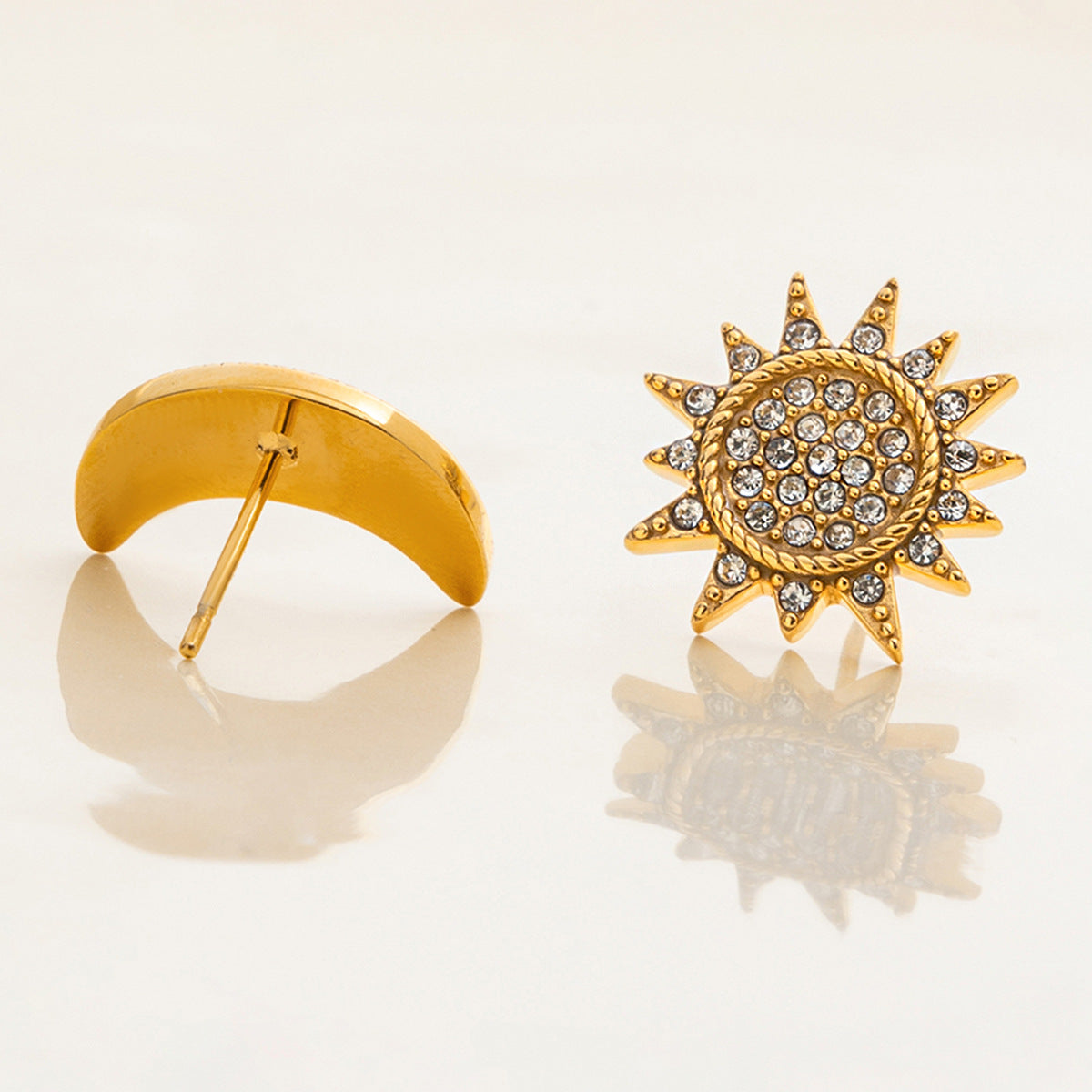 Stainless Steel Sun Stud Earrings with Rhinestones