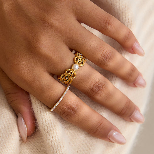 Vintage Gold Ring – Hollow Carved Pearl Cocktail Ring for Women