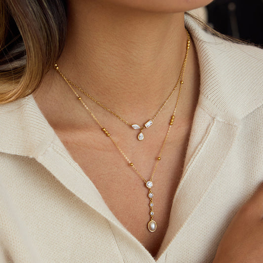 Elegant Gold - tone Y - shaped Necklace with Pearl and Crystal Drop