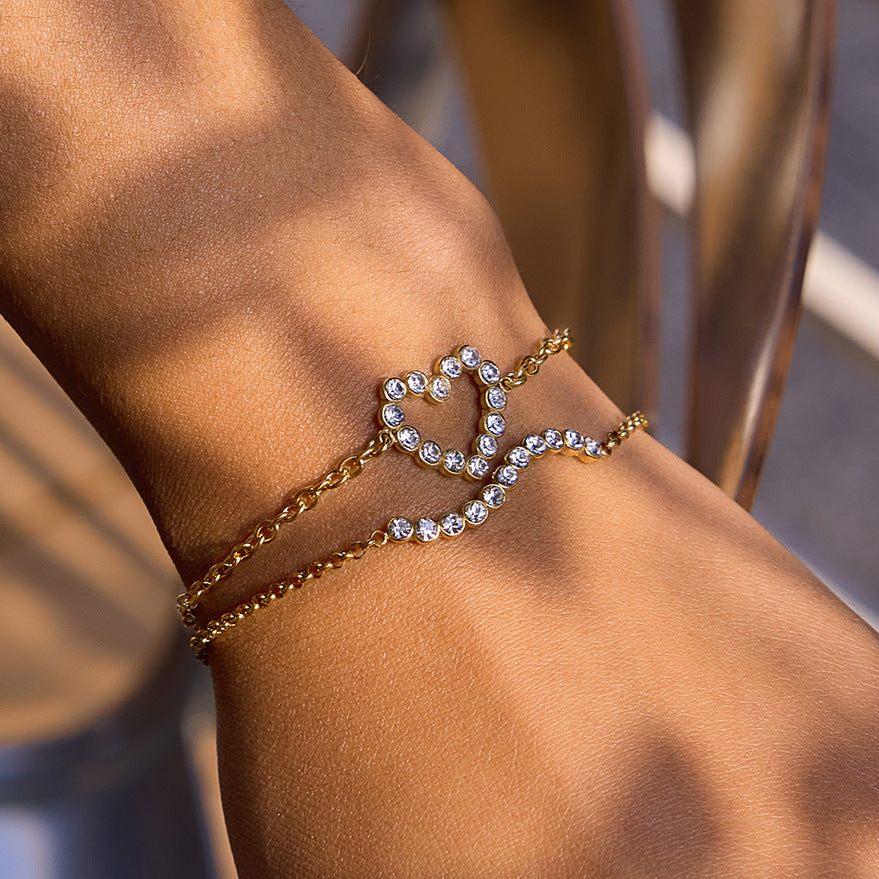 Gold Layered Chain Bracelet Set – Crystal Heart Pendant Bracelet for Women