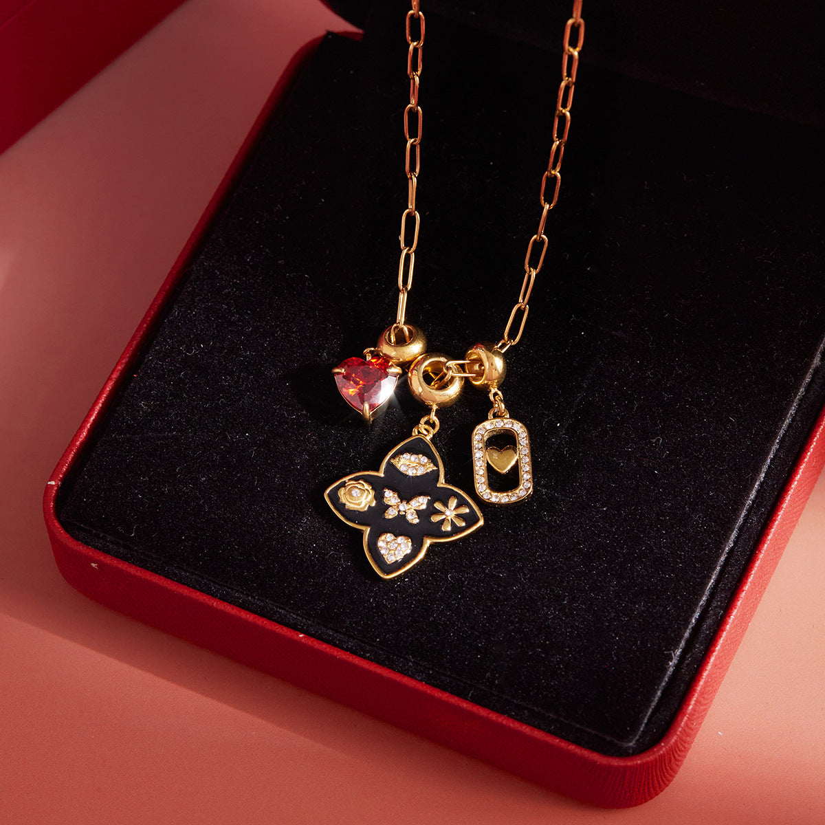 Gold - Plated Multicharm Necklace with Heart and Butterfly Charms