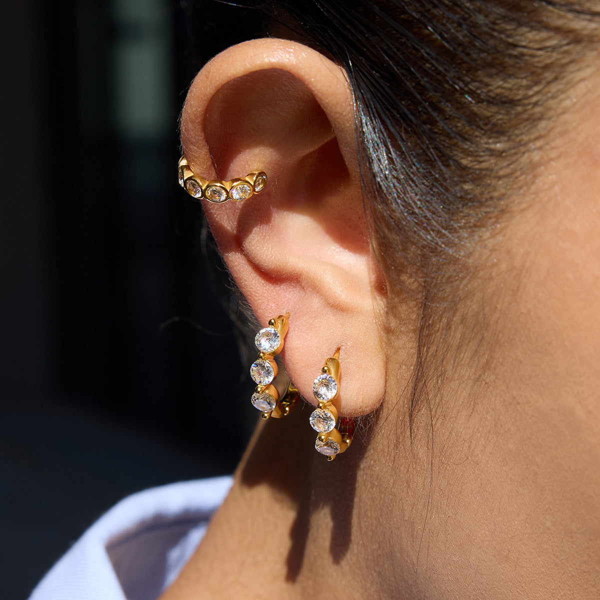 Gold - Plated Triple - Stone Hoop Earrings with Stud