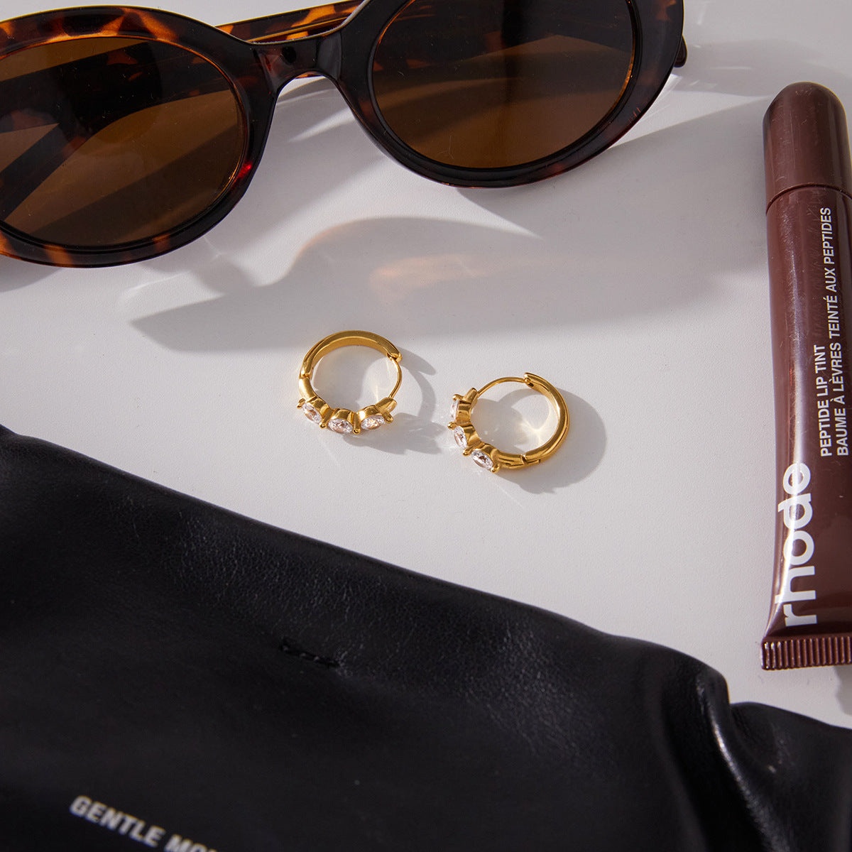 Gold - Plated Triple - Stone Hoop Earrings with Stud