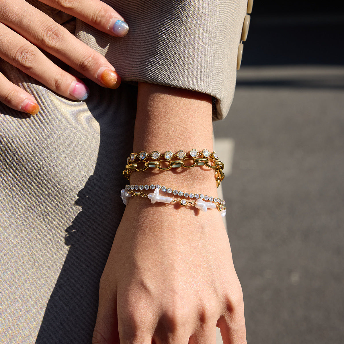 Layered Pearl and CZ Bracelet Set - Gold - Tone Jewelry for Women