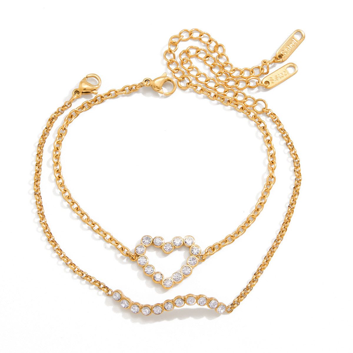 Gold Layered Chain Bracelet Set – Crystal Heart Pendant Bracelet for Women