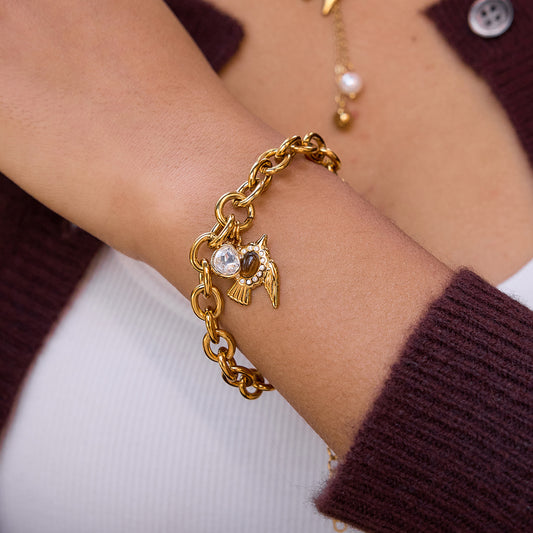 Gold Owl Charm Bracelet – Vintage Chain with Enamel & Crystal Details