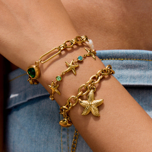 Layered Bracelet Set with Starfish, Seashell & Green Gemstones – Beach Resort Style