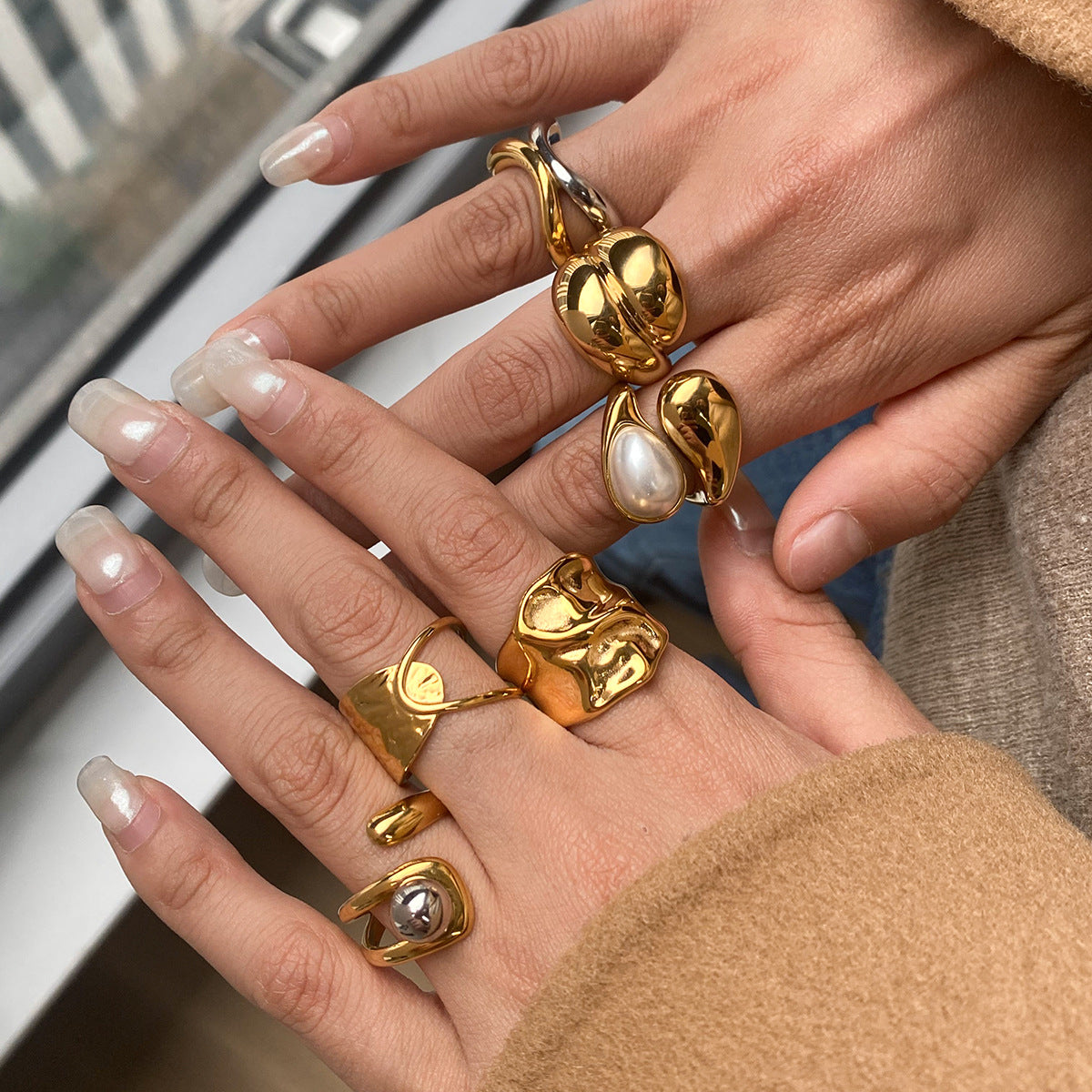 Organic Textured Gold Rings – Pearl & Metal Ball Statement Ring Set for Women