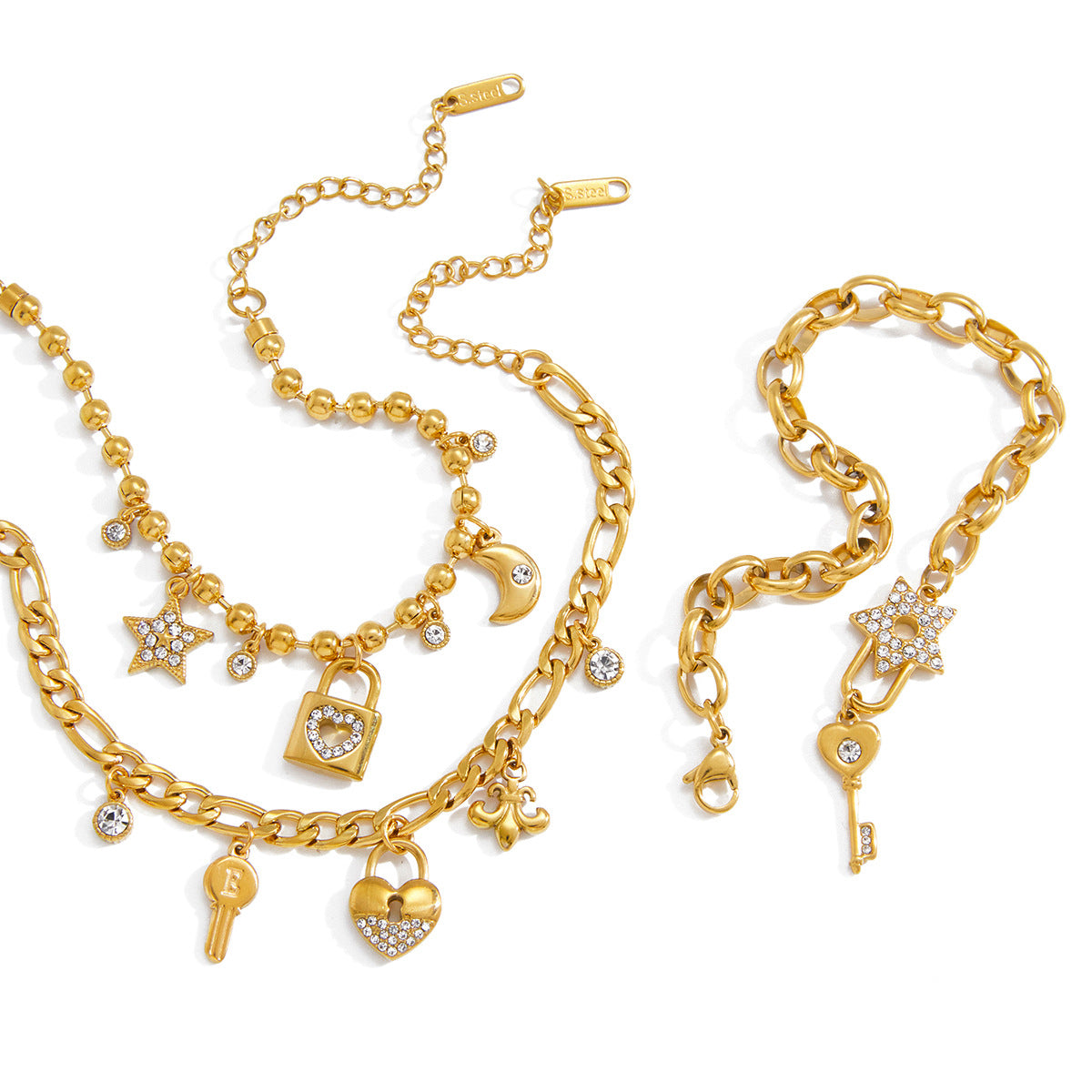 Layered Charm Bracelet– Hearts, Keys & Stars – Romantic Gift for Women