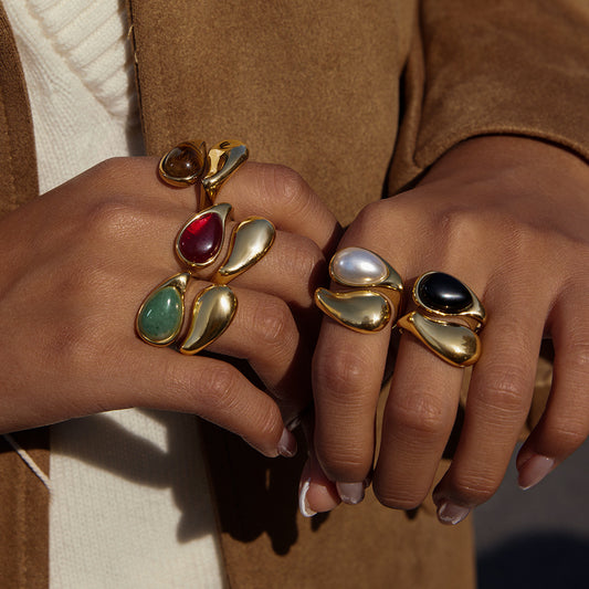 Asymmetric Two-Stone Ring – Green Jade, Mother-of-Pearl Ring for Women