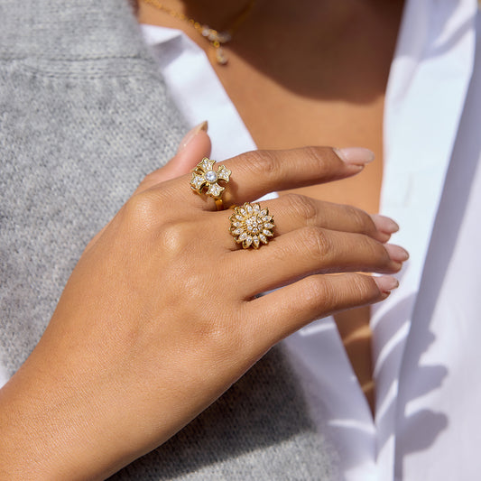 360° Rotatable Flower Ring – Gold Tone Cubic Zirconia Ring for Women