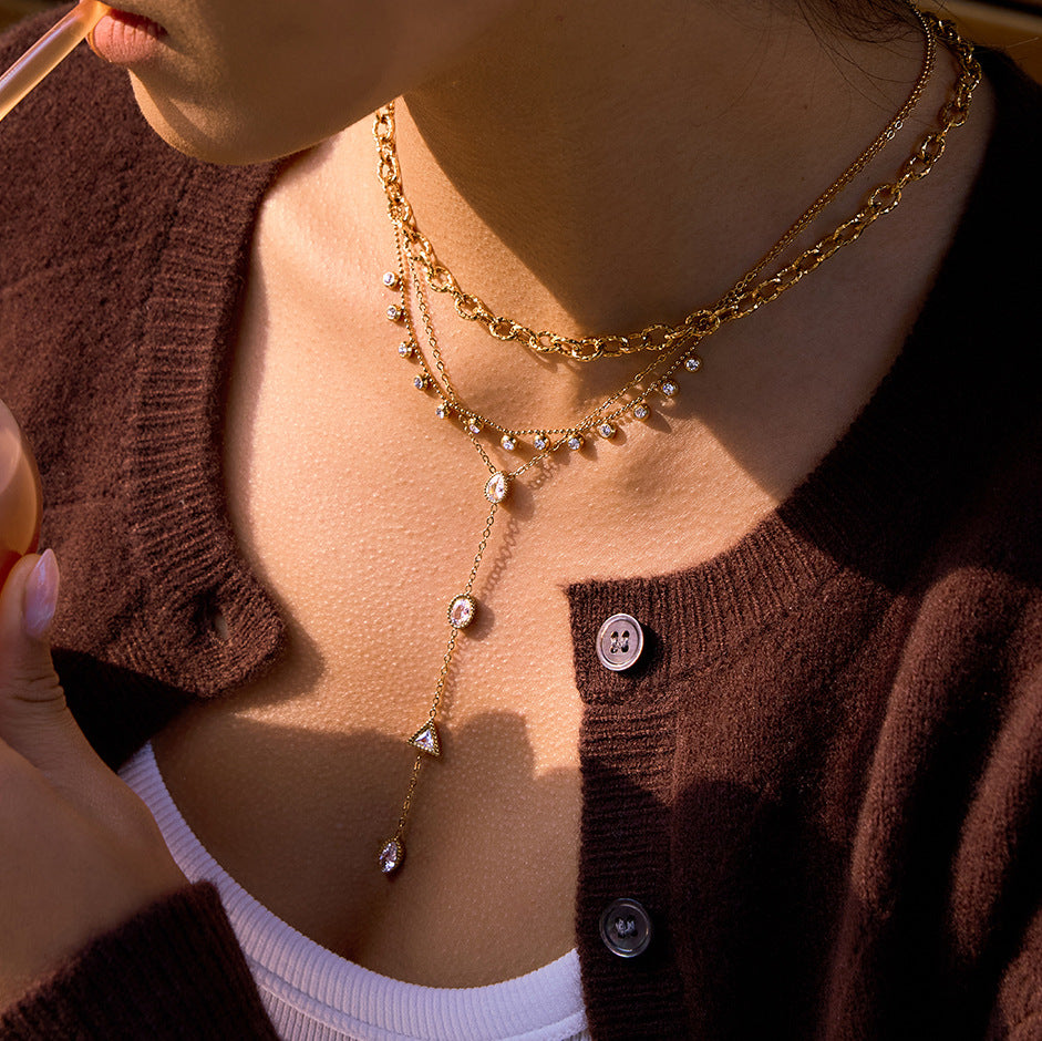 Layered Gold - Tone Necklace with Crystal Accents