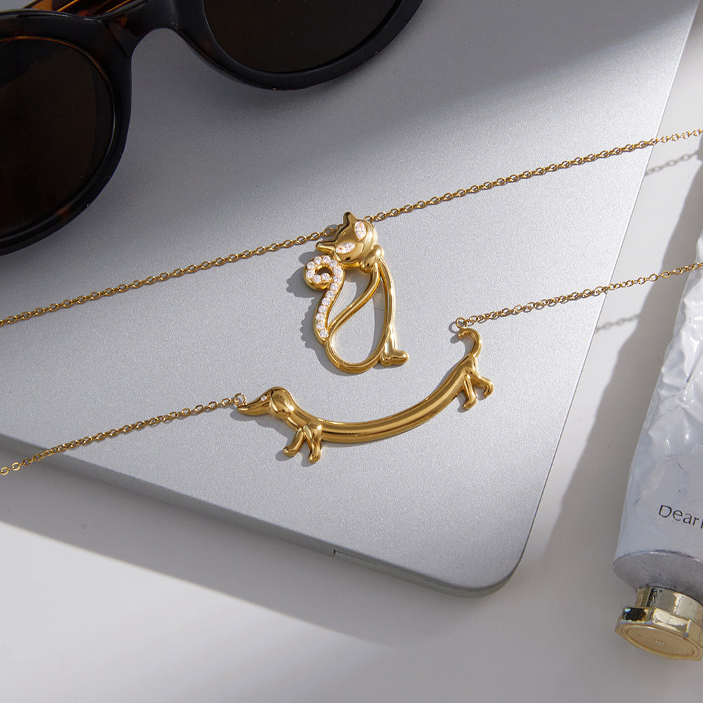 Layered Stainless Steel Necklaces with Dachshund Pendant and Crystal Accents
