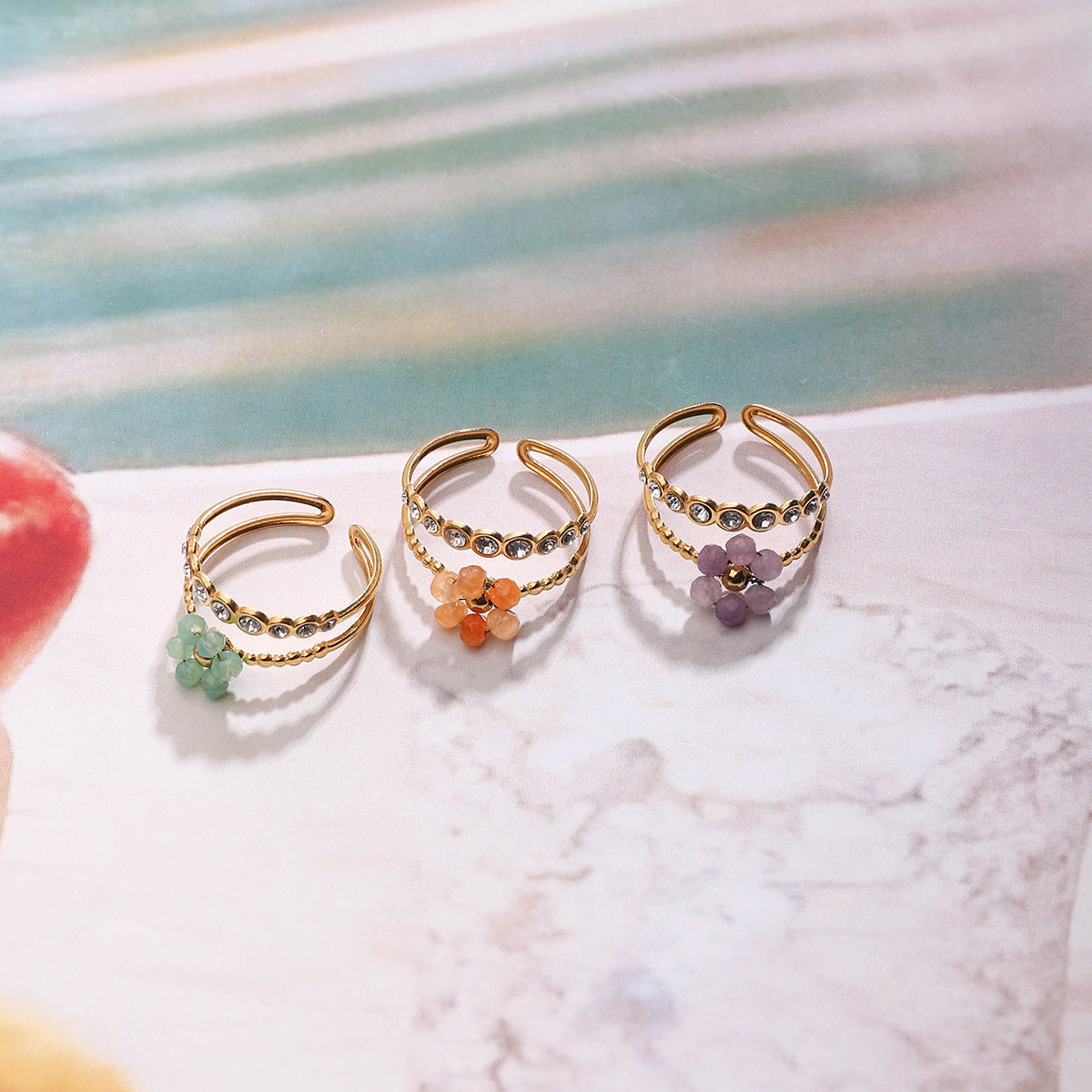 Stainless Steel Crystal Flower Ring