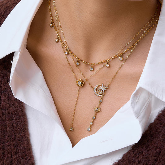 Layered Celestial Necklace Set - Gold - Diamond - Accent