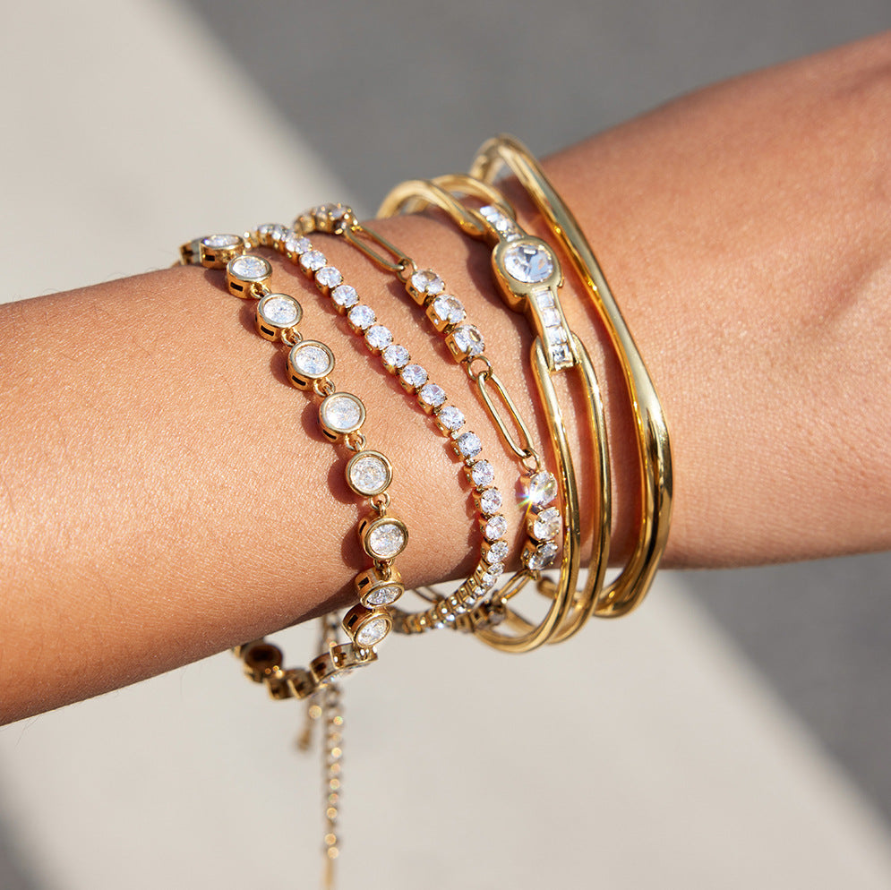 Gold Layered Chain Bracelet Set – Wide Bangle, Crystal & Diamond-Accent Bracelets for Women