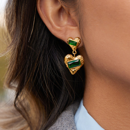 Golden Heart - shaped Drop Earrings with Emerald - like Gemstones