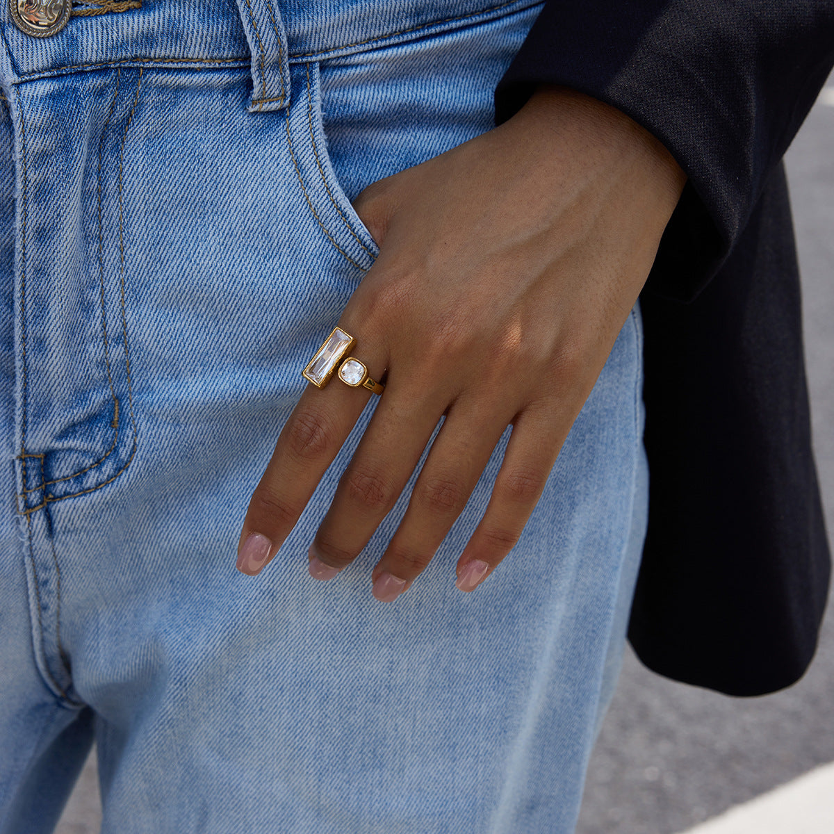 Vintage Two-Stone Ring – Rectangle Cut Crystal & Oval Milky Gemstone, Adjustable Open Band Boho Statement Ring for Women