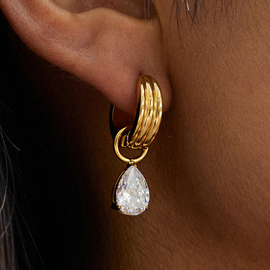 Gold - Plated Hoop Earrings with Teardrop Cubic Zirconia