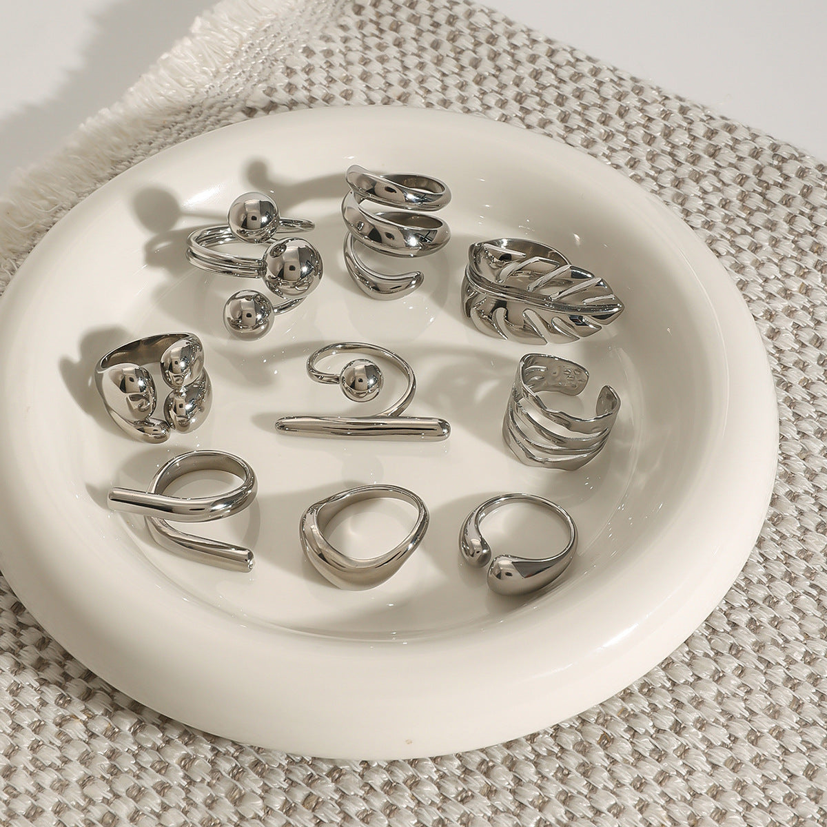 Silver Statement Rings Set – Sculptural Leaf, Stackable Bands & Joint Ring for Women