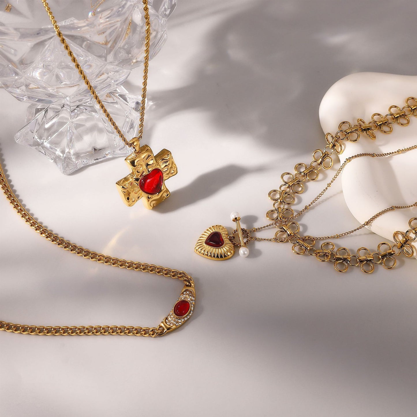 Titanium Steel Crucifix Necklace with Red Agate Inlay