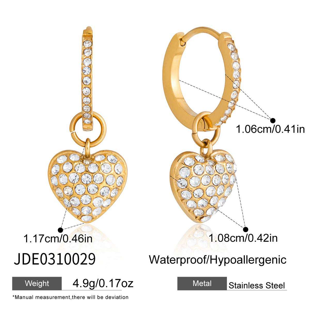 Stainless s Seel Heart-shaped Stud Earring with Cubic Zirconia