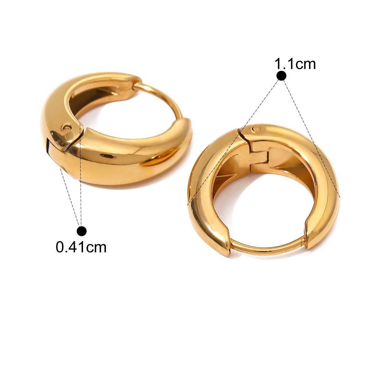 Gold hoop earrings with measurements and product details on a white background